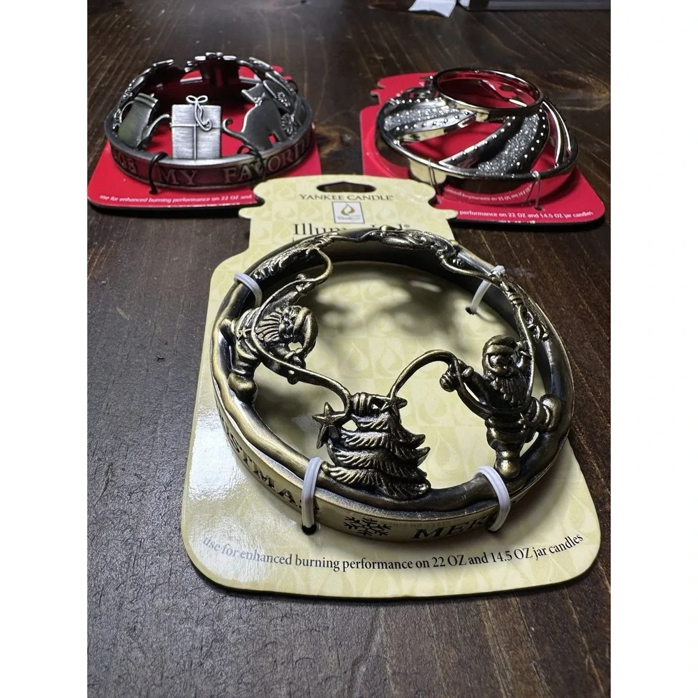 Yankee Candle 3 Lot Illuma Lid Topper Metal Christmas Gifts Santa Cats Decor